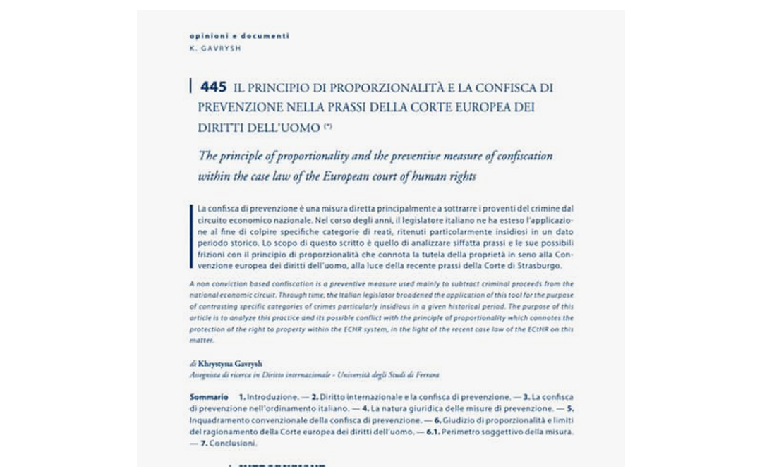 L’interesse dello Studio per le problematiche connesse alla confisca dei beni si estende al piano scientifico: una nuova pubblicazione per la Dott.ssa Khrystyna Gavrysh